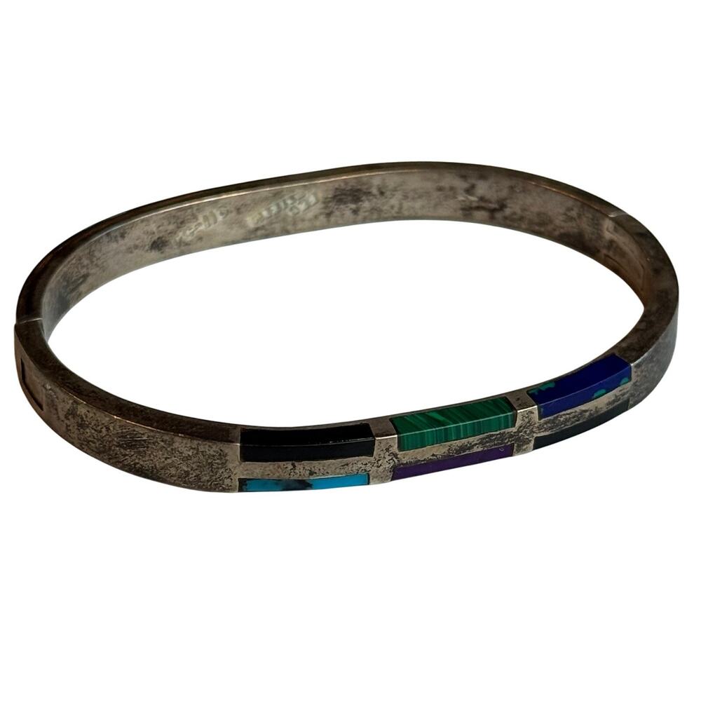 Vintage Mexico 925 Sterling Silver Multi Stone Inlay Hinged Bangle Bracelet - Picture 4 of 10